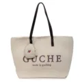 Beige canvas tote bag with shoulder strap and small pouch, casual daily shopping handbag. - Cream White with Pendant