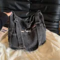 Casual washed black denim tote bag with cute dog embroidery, spacious shoulder bag for daily use. - Black