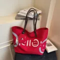 Red canvas tote bag for women large capacity casual shoulder bag with coin purse style - Wine Red with Pendant