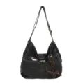 Casual dark grey denim shoulder bag with cute dog embroidery and keychain for daily commute. - Black With Pendant