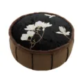 Round floral embroidered floor cushion pouf velvet tatami meditation seat with brown faux fur - Magnolia Embroidery / With Core / Black