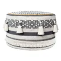 Nordic geometric woven floor pouf with tassels, black and white cotton tatami cushion seat - Diamond Pattern Grey Round Cotton Pouffe Covers