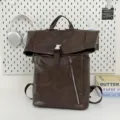 Stylish dark brown PU leather roll-top backpack for daily commute, spacious and durable. - Brown