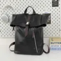 Black roll-top backpack, large capacity computer bag, stylish college commuter bag. - Black