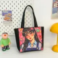 Zwarte canvas shopper met stijlvolle anime meid print, casual dagelijkse schoudertas voor dames. - Stijl 3