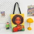 Fashionable curly hair black girl print canvas tote bag, large capacity casual shoulder handbag. - Pattern Style 1