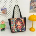 Canvas shopper tas met retro anime meisje print, zwarte handgrepen, stijlvolle handtas. - Stijl 4