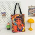 Canvas tote bag with retro anime black girl print, large capacity fashion handbag. - Pattern Style 2