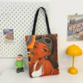 Stylish black girl print canvas tote bag, retro casual large capacity daily shoulder bag. - Pattern Style 3