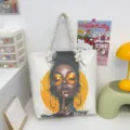 Grote canvas tote tas met stijlvolle zwarte vrouw grafische print, casual schoudertas. - Patroonstijl 7