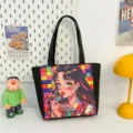 Bolso tote de lona negra con estampado gráfico de chica anime colorida, bolso casual. - Estilo 5