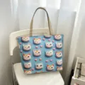 Blauwe canvas schoudertas met kattenprint, schattige grote casual handtas voor dagelijks gebruik. - Stijl 3 (Kat)