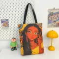 Fashion black girl print canvas tote bag, retro casual shoulder bag, large capacity handbag. - Pattern Style 4