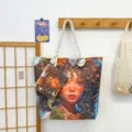 Μεγάλη τσάντα shopper από καμβά και τσαντάκι με καλλιτεχνική εκτύπωση πορτραίτου, casual. - Στυλ Σχεδίου 4