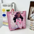 Ροζ τσάντα shopper από καμβά με χαριτωμένο anime κορίτσι, χερούλια από χοντρό σχοινί, μεγάλη τσάντα. - Στυλ Σχεδίου 1