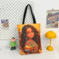 Sac cabas en toile avec imprimé fille à la peau foncée vintage, bretelles élégantes, sac de jour. - Style de Motif 6