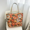 Bolso tote de lona bordado con diseño floral, bolso de hombro informal de gran capacidad. - Estilo 5 (Bordado de Margarita)