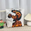 Canvas tote bag with matching pouch featuring trendy black woman and sunflower floral print. - Pattern Style 2