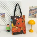 Sac cabas en toile design fille noire, sac d'épaule rétro décontracté grande capacité - Style de Motif 7