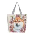 Canvas Shopper Tasche mit Shiba Inu Motiv und Blumen, modische Freizeittasche Damen. - Mehrfarbiger Stil 5 (Shiba Inu)