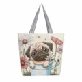 Canvas shopper tas voor vrouwen, schattige mopshond bloem print casual schoudertas handtas - Veelkleurige Stijl 6 (Mops)