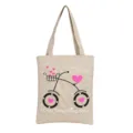 Borsa shopper in tela di lino beige con stampa bicicletta e cuori rosa, stile casual. - Bicicletta Beige