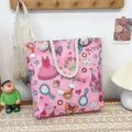 Pink canvas beach tote bag with cute princess cartoon prints and thick rope handles for summer. - Cartoon Princess Style