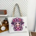 Borsa shopper in tela con stampa di ragazza di cartone animato viola, borsa casual. - Stampa Ragazza dei Fiori (Stile 5)