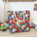 Colorful smile flower canvas tote bag, casual beach shoulder bag with thick rope handles. - Smiling Sun Flower Style