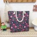 Floral print canvas tote bag, casual shoulder handbag with thick rope handles for beach and shopping. - Dark Green Leaf Floral Style