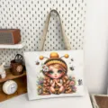 Borsa shopper in tela con simpatico cartone animato, borsa a tracolla casual per uso quotidiano. - Stampa Ragazza Ape dei Cartoni Animati (Stile 9)