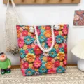 Colorful floral canvas tote bag with thick rope handles, stylish beach shoulder handbag. - Dense Colorful Floral Style