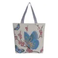 Canvas geborduurde schoudertas met blauw vlinder- en bloemenpatroon, casual etnische shopper. - Drie Vlinders
