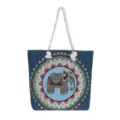 Etnische geborduurde canvas shopper tas met olifant mandala patroon en touw handvat. - Blauwe Lotus Blauw Hart Olifant