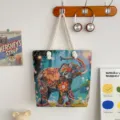 Etnische Olifant Geborduurde Canvas Tote Tas Hennep Touw Handvat Boho Schoudertas - Lichtblauw Indonesische Olifant
