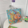 Bolso tote de lona bordado de pez colorido, bolso de hombro informal de gran capacidad. - Estilo 2