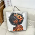 Canvas tote bag with African woman and sunflower print, hemp rope handle detail for casual wear. - Sunflower Headpiece Woman Style (7)