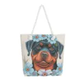 Canvas shopper tas met mooie hond en bloemen borduurwerk en witte touw handvaten voor dames - Rottweiler Patroon