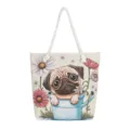 Leuke mopshond canvas shopper tas met grote capaciteit en schattig bloemenillustratie. - Mops Patroon
