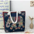 Etnische olifant geborduurde canvas shopper tas met dikke touw handvatten schoudertas - Zwarte Pop