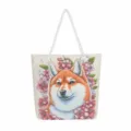 Shiba Inu Canvas Shopper, Beige Grote Schoudertas met Leuke Hondenprint en Touw Handvaten - Roze Shiba Inu Patroon