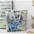 Etnische geborduurde olifant canvas tote tas met dikke touw handvatten voor dagelijks. - Olifant met Grote Oren