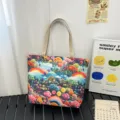 Bolso tote de lona con estampado de paisaje colorido, bolso de hombro casual de gran capacidad. - Estilo 6