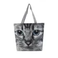 Canvas schoudertas met schattige katten gezicht print en gestreepte handvaten casual shopper voor dames - Zwart-Witte Kat
