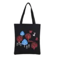 Zwarte canvas tote tas met leuke cartoon boom en konijn print, casual schoudertas. - Kleine Bos Zwart