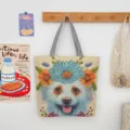 Woven canvas tote bag featuring cute dog and flower embroidery with striped handles. - Pattern Style 2 (Dog with Floral Crown)