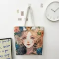 Geweven Canvas Tote Tas Artistiek Vrouwen Portret Schoudertas Grote Capaciteit Casual - Portret en Bloemen Patroon