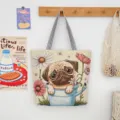 Canvas tote bag with pug and flower embroidery, large capacity shoulder shopping bag for use. - Pattern Style 5 (Pug with Daisies)