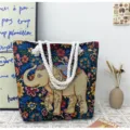 Borsa tote ricamata con elefante in stile etnico con manici in corda spessa, borsa casual. - Elefante Floreale Nero