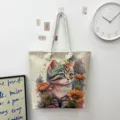 Canvas shopper tas met geborduurde schattige kat en bloemmotief, grote schoudertas voor dagelijks gebruik. - Bloemen Kat Patroon MM